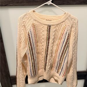 Cream Cable Knit Sweater with Multicolor Stripes
